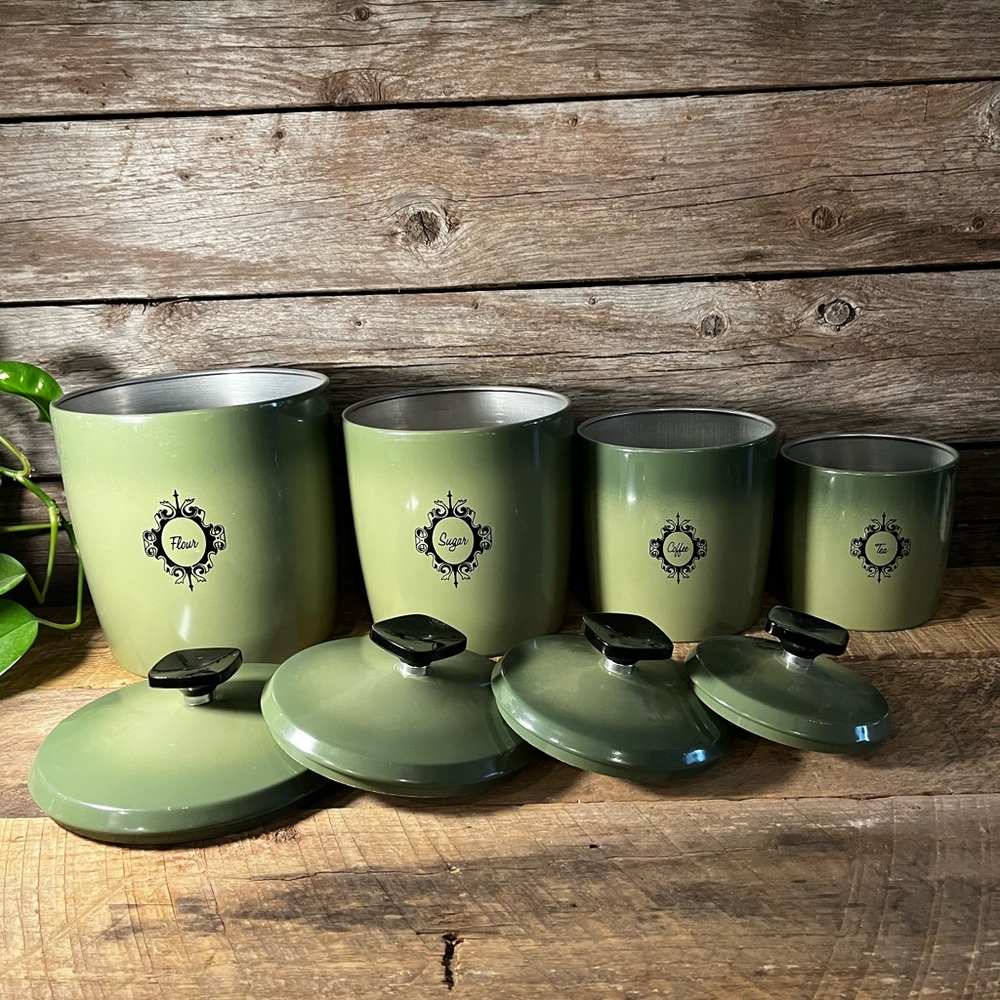 Vintage WEST BEND 8 Pce Kitchen Canister Set Avocado Green - Aluminum, Nesting